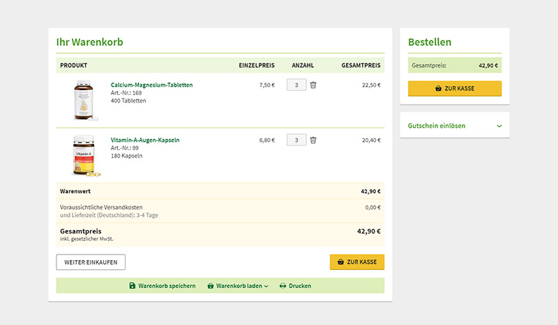 Auf der Warenkorb-Seite können Sie den Bestellvorgang starten.